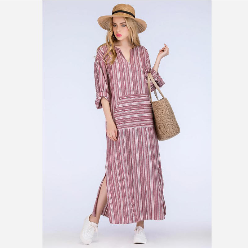 High quality Womens Cotton Linen Dress Kaftan Long Sleeve summer Striped Women Plus Size Long Maxi Boho Dresses