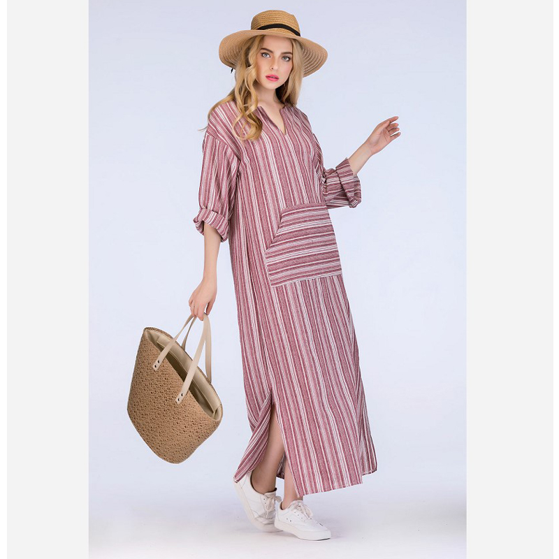 High quality Womens Cotton Linen Dress Kaftan Long Sleeve summer Striped Women Plus Size Long Maxi Boho Dresses