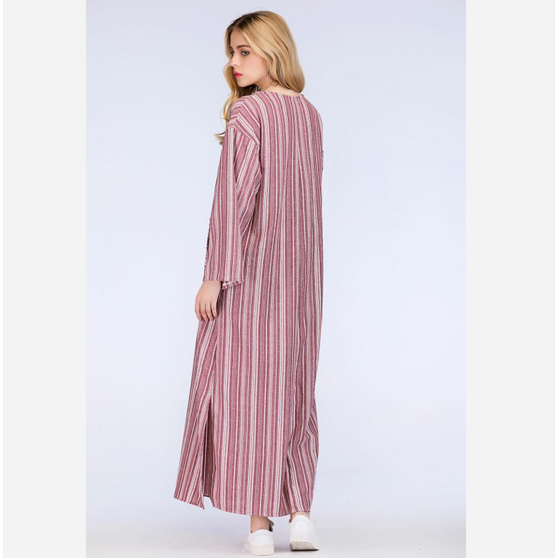 High quality Womens Cotton Linen Dress Kaftan Long Sleeve summer Striped Women Plus Size Long Maxi Boho Dresses