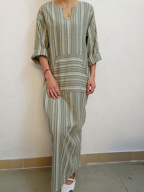 High quality Womens Cotton Linen Dress Kaftan Long Sleeve summer Striped Women Plus Size Long Maxi Boho Dresses