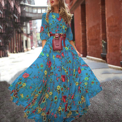 2021 High quality Women's Dress Floral Summer Beach Party Long Sundress Fashion Ladies Casual Daily Half Sleeve Dress