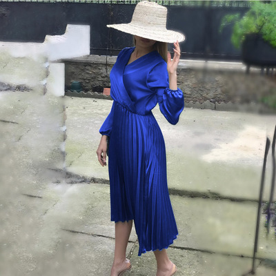 High quality Elegant Fit And Flare Pleated Satin Dress Women Autumn Sexy Off Shoulder Long Sleeve dress