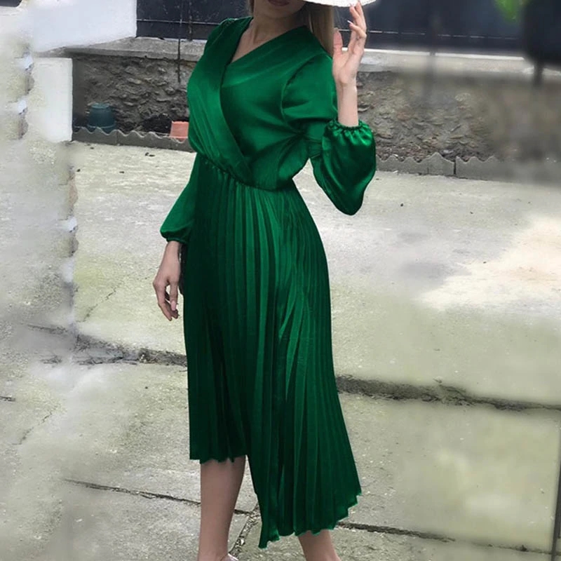 High quality Elegant Fit And Flare Pleated Satin Dress Women Autumn Sexy Off Shoulder Long Sleeve dress