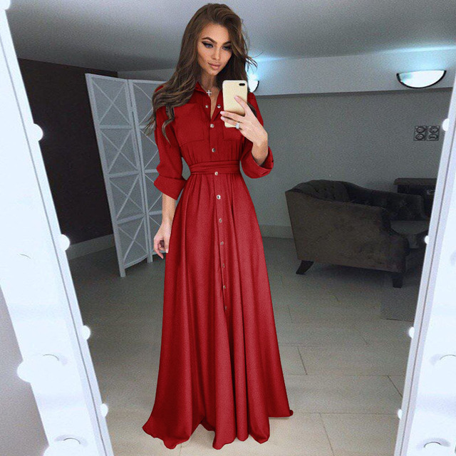 High quality Shirt Dress Women Turn-down Collar Solid Spring Maxi Ladies Dresses Long Sleeve Casual Women Dress
