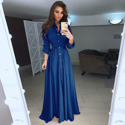 High quality Shirt Dress Women Turn-down Collar Solid Spring Maxi Ladies Dresses Long Sleeve Casual Women Dress