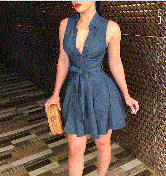 High quality Women Sleeveless Denim deep V neck dress Belted Party Short Mini Dress summer clothes