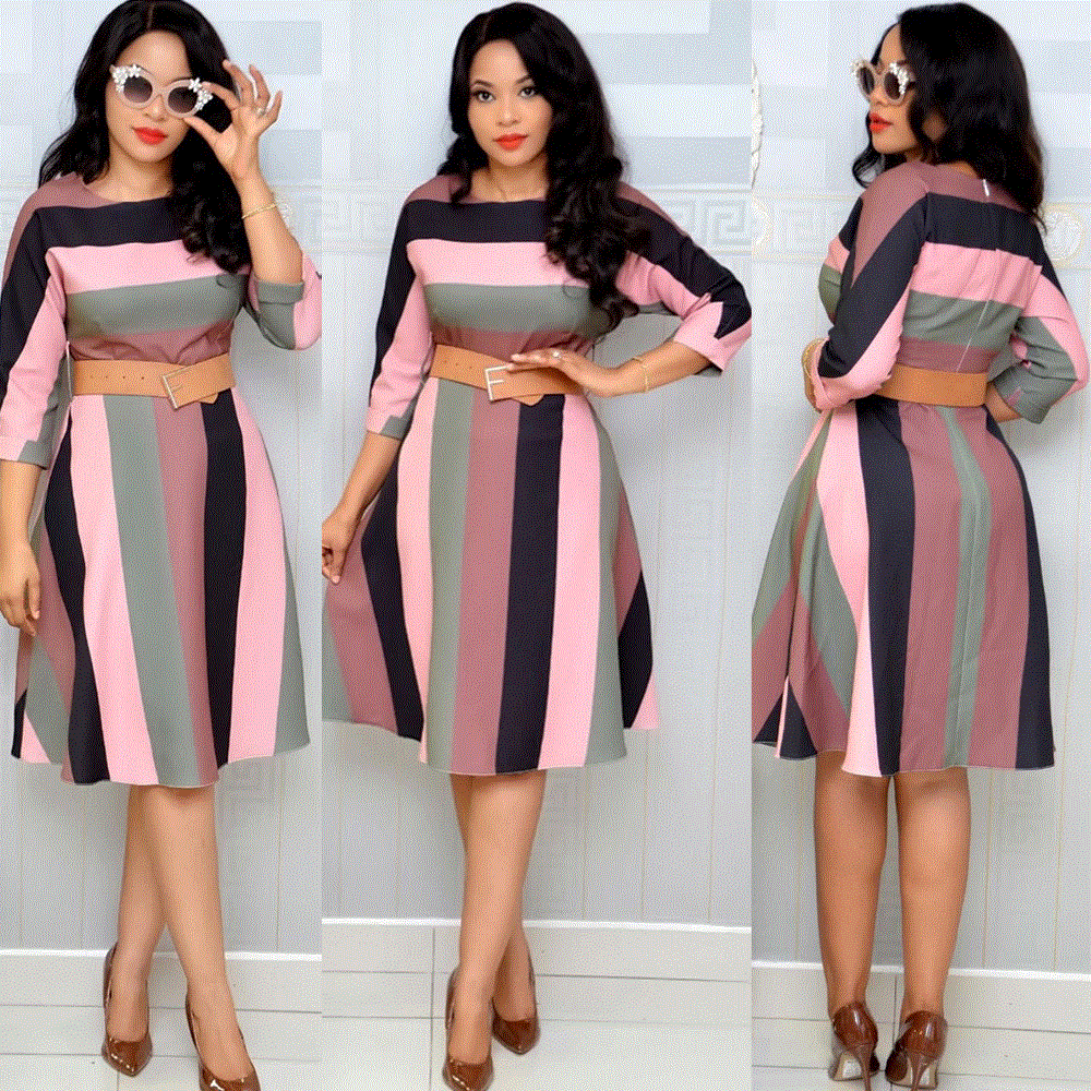 High quality Striped Print Ladies large size rainbow color office dress Business party temperament dress