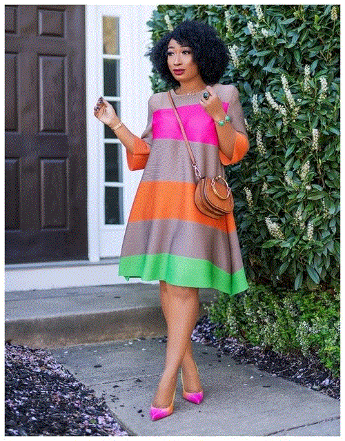 High quality Striped Print Ladies large size rainbow color office dress Business party temperament dress