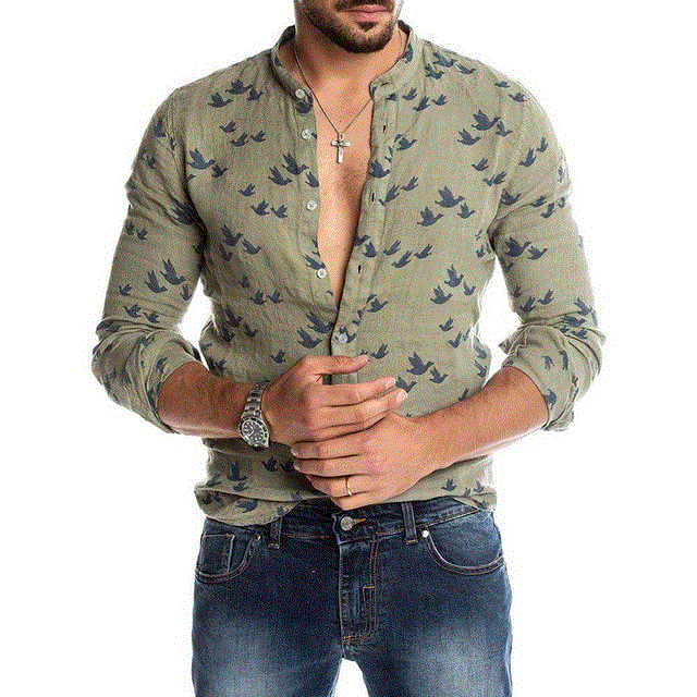 High quality Hawaiian Shirt Long Sleeve Wild Goose Print Button Linen Shirts Summer Hombre Mens Shirts