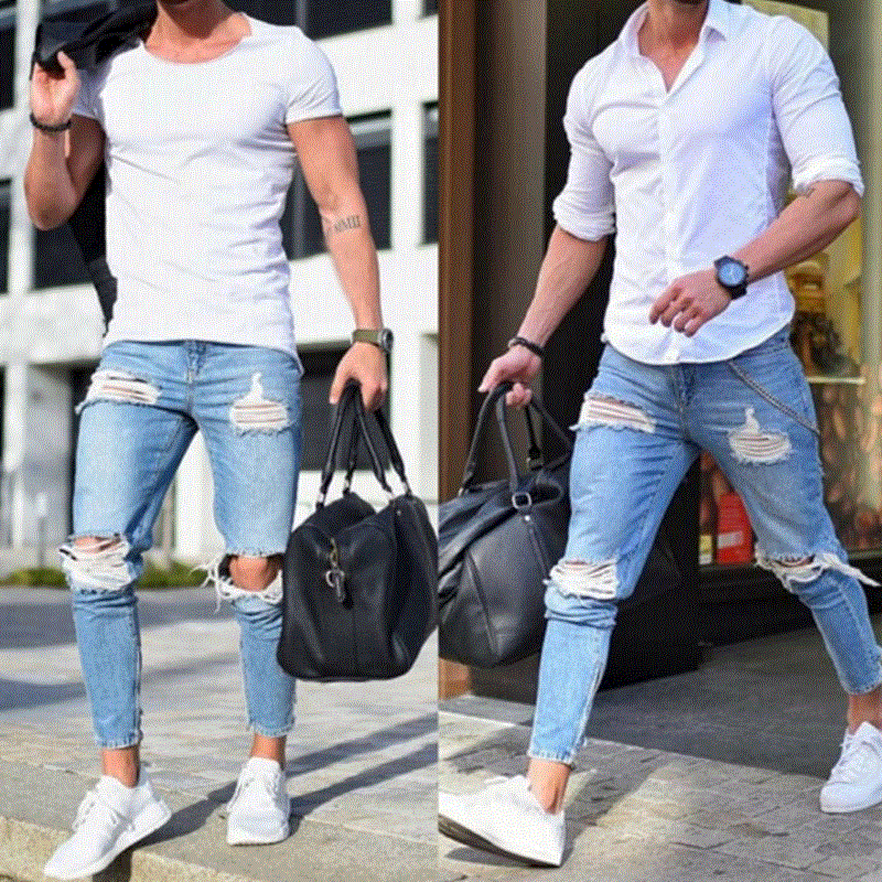 High quality Casual Skinny Jeans Men Straight Denim Jeans Pants Skinny men's jeans are light colored and ripped