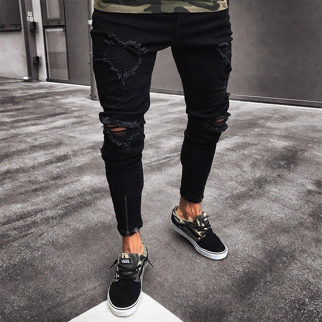 High quality Casual Skinny Jeans Men Straight Denim Jeans Pants Skinny men's jeans are light colored and ripped