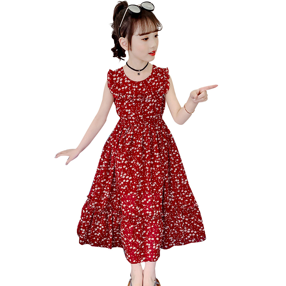 High quality Girls Summer Dress Floral Print Beach Dress For Girls Sleeveless O Neck Dress Kids Teenage dress