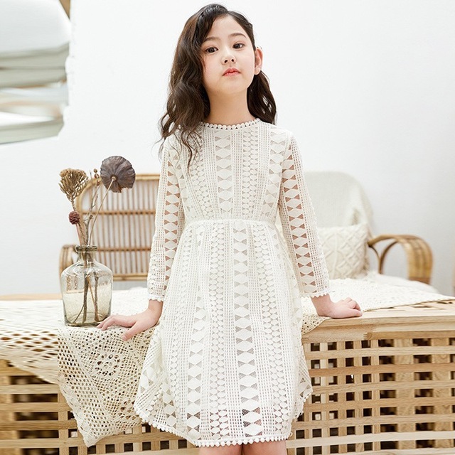 High quality Kids Dresses Teenage White Blue Wedding Party Dress Lace Girl Dress Long Sleeve Children