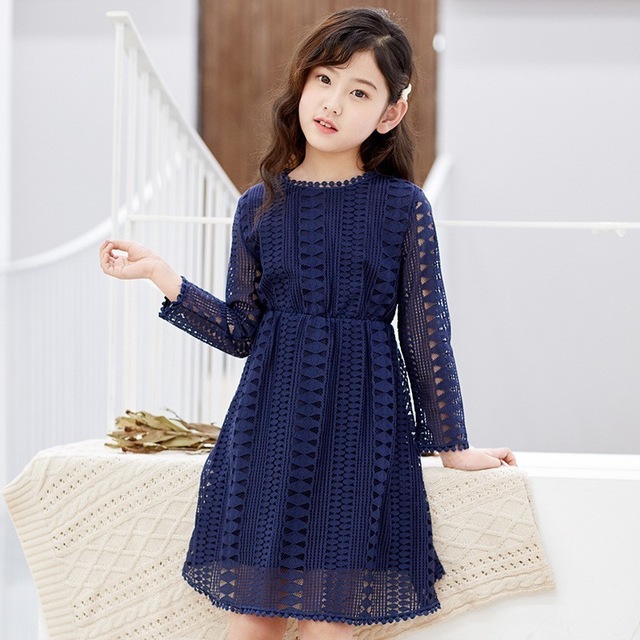 High quality Kids Dresses Teenage White Blue Wedding Party Dress Lace Girl Dress Long Sleeve Children