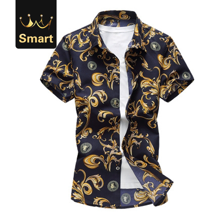 High quality Plus size Mens Floral Shirt Casual Shirts Mens Short Sleeve Print Shirt Camisa