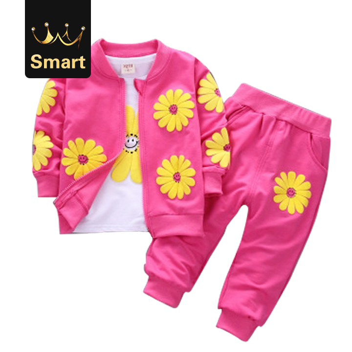 High quality Girls Cotton Sport Suit Kids Flowers Hoodies Jacket Trousers Pant Clothing Set