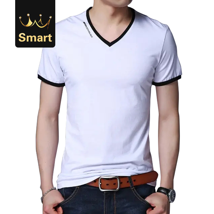 2021 High quality Summer V-Neck Slim Fit Short Sleeve T Shirt Men Mercerized Cotton Brand-Clothing