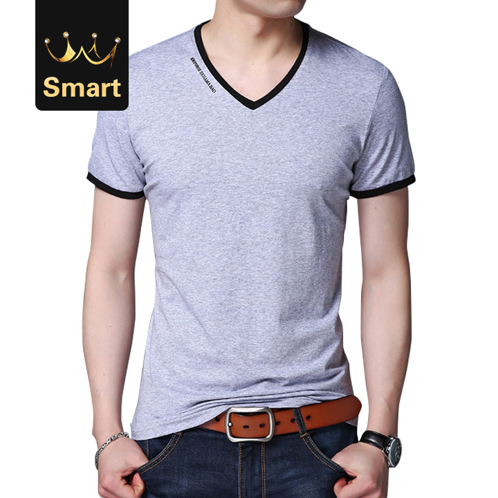 2021 High quality Summer V-Neck Slim Fit Short Sleeve T Shirt Men Mercerized Cotton Brand-Clothing