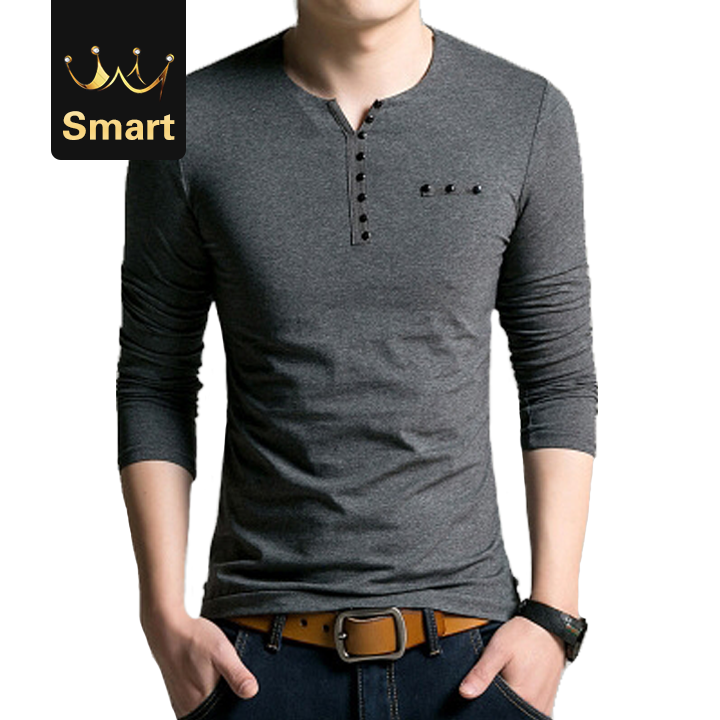 High quality Cotton T Shirt Men Long Sleeve Men Henry Collar Shirt Men