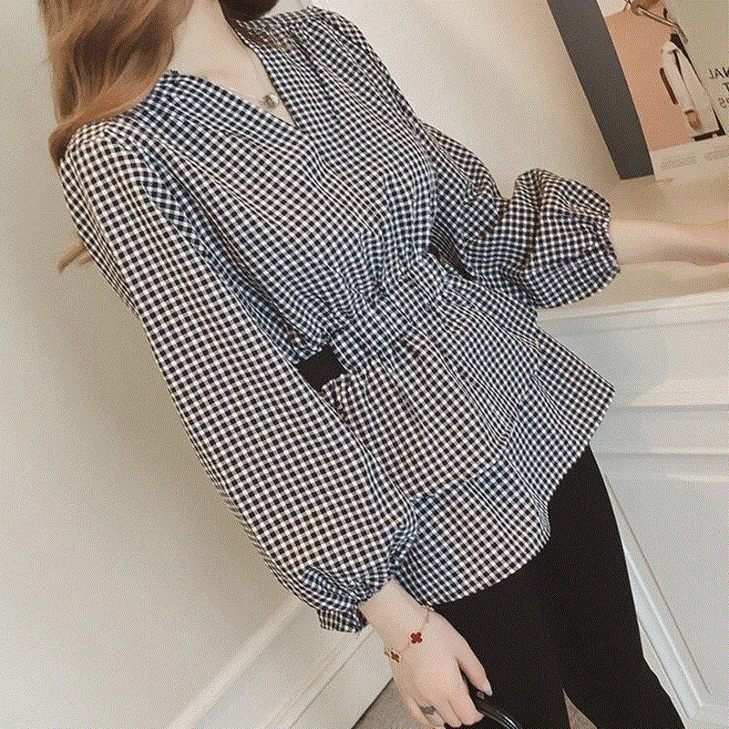 High quality Women Spring Chiffon Blouses Shirts Lady Casual Long Lantern Sleeve V-Neck Plaid Printed Blusas Tops
