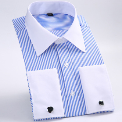 High quality Men's Shirts Loose French Cuff Regular Fit Luxury Striped Business Long Sleeve Cufflinks Social