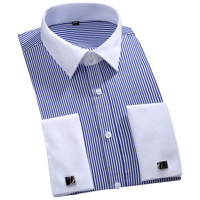High quality Men's Shirts Loose French Cuff Regular Fit Luxury Striped Business Long Sleeve Cufflinks Social