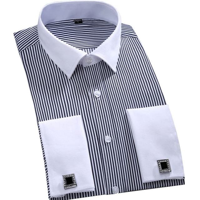 High quality Men's Shirts Loose French Cuff Regular Fit Luxury Striped Business Long Sleeve Cufflinks Social
