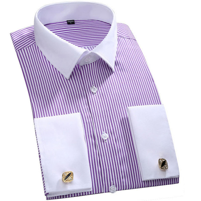 High quality Men's Shirts Loose French Cuff Regular Fit Luxury Striped Business Long Sleeve Cufflinks Social