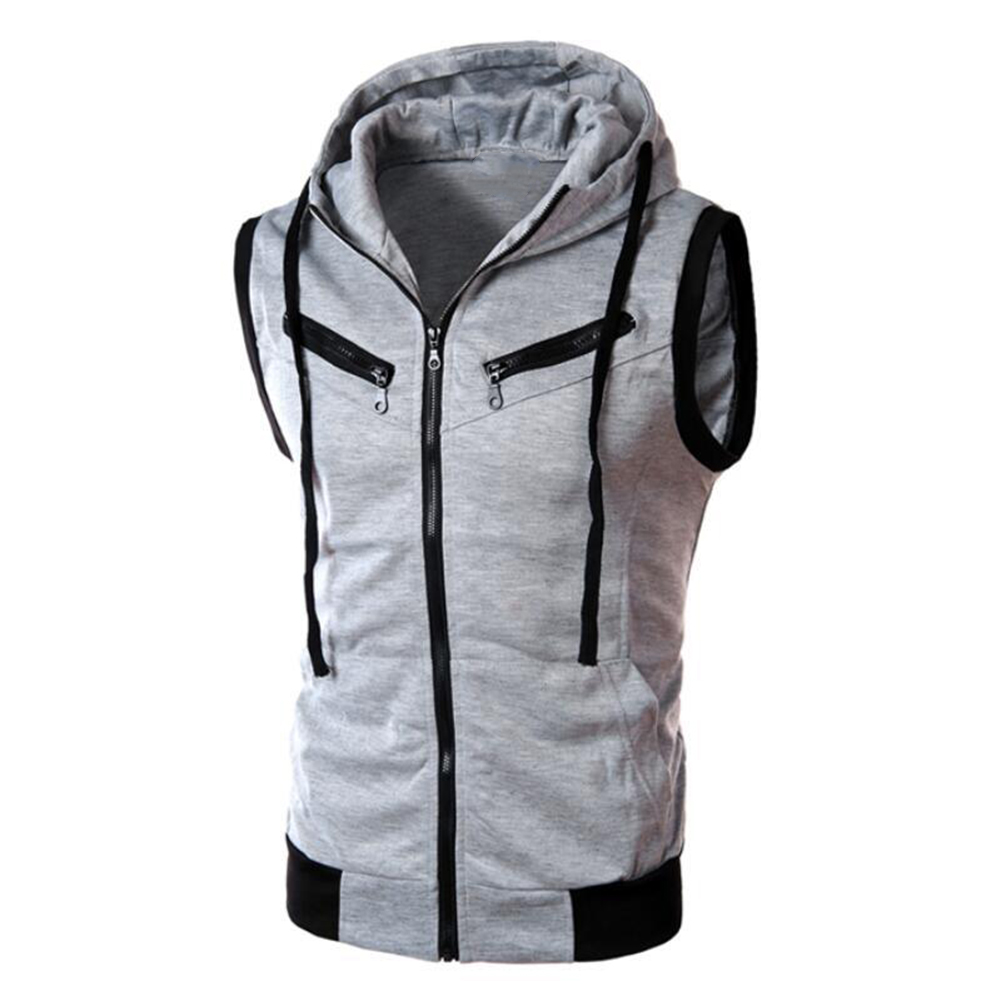 High quality men's monochromatic hooded vest zipper pocket sleeveless vest jacket