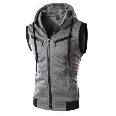 High quality men's monochromatic hooded vest zipper pocket sleeveless vest jacket