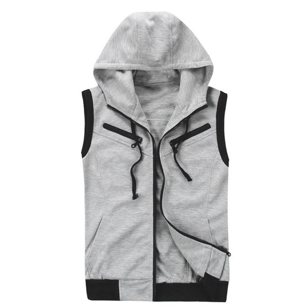 High quality men's monochromatic hooded vest zipper pocket sleeveless vest jacket