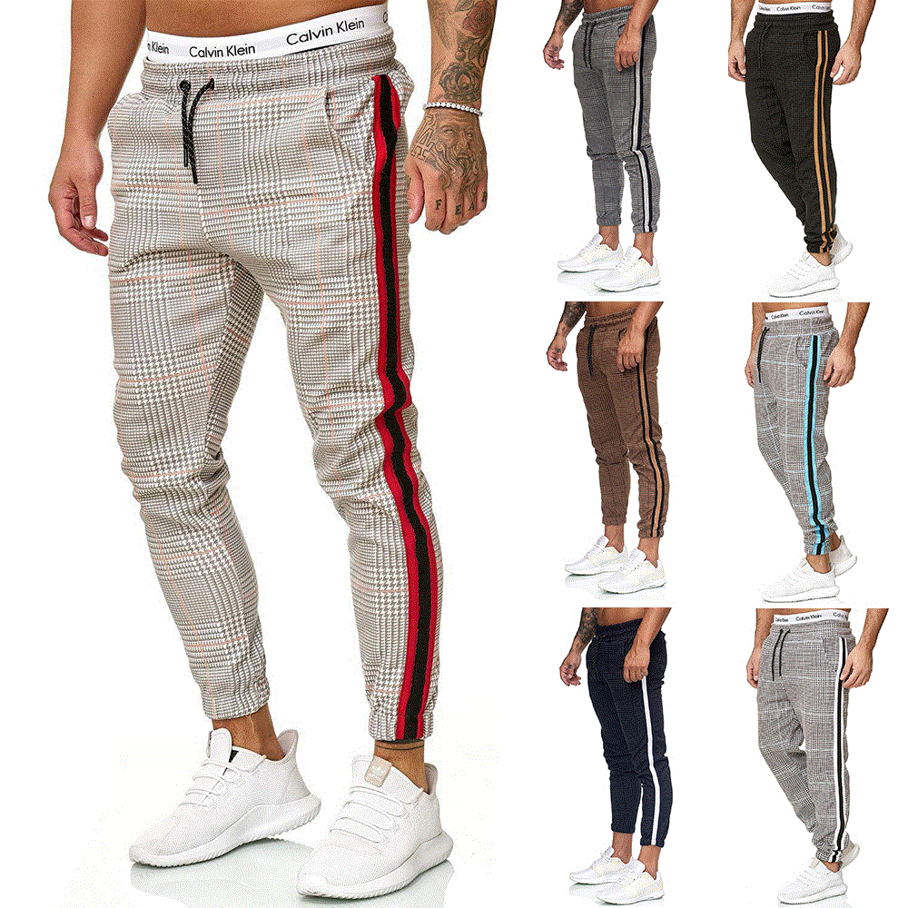 2021 High quality Men Striped Joggers Pant Houndstooth Slim Fit Sweatpants Mens Casual Ankle-Length Trousers