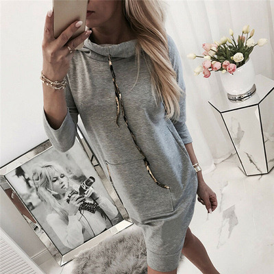 High quality Woman Dress Long Sleeve Solid Color Jumper Pullover Sweatshirt Hoodie Solid Hooded Dresses for women