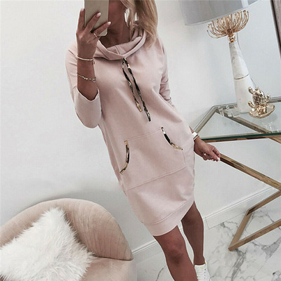 High quality Woman Dress Long Sleeve Solid Color Jumper Pullover Sweatshirt Hoodie Solid Hooded Dresses for women