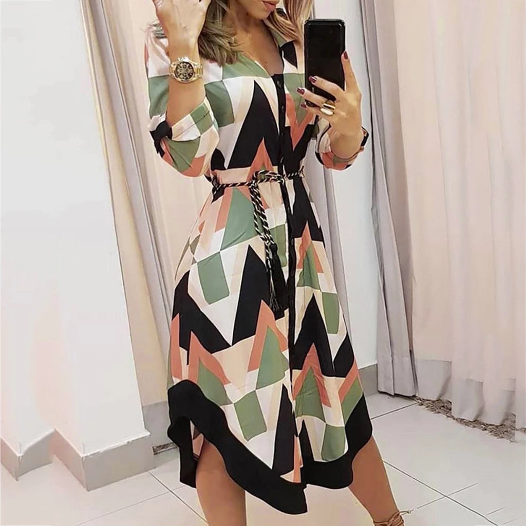 High quality Plus Size Ladies Dresses Women Long Sleeve Dress Autumn Casual Feminino Print Female Dress