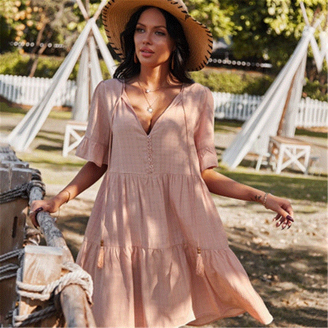 2021 High quality Summer Women Elegant Midi Sleeve Ruffle Vintage Dress Sweet V Neck Party Clothes Robe Femme dress