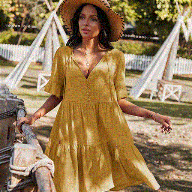 2021 High quality Summer Women Elegant Midi Sleeve Ruffle Vintage Dress Sweet V Neck Party Clothes Robe Femme dress