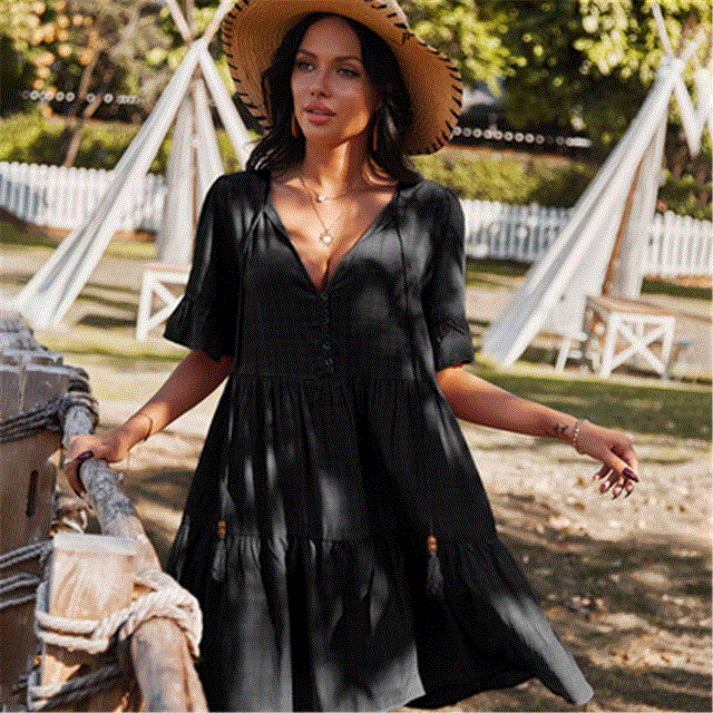 2021 High quality Summer Women Elegant Midi Sleeve Ruffle Vintage Dress Sweet V Neck Party Clothes Robe Femme dress