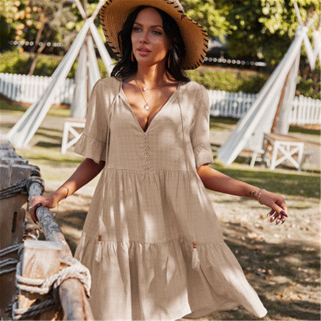 2021 High quality Summer Women Elegant Midi Sleeve Ruffle Vintage Dress Sweet V Neck Party Clothes Robe Femme dress