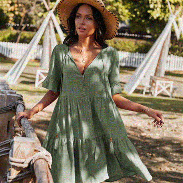 2021 High quality Summer Women Elegant Midi Sleeve Ruffle Vintage Dress Sweet V Neck Party Clothes Robe Femme dress