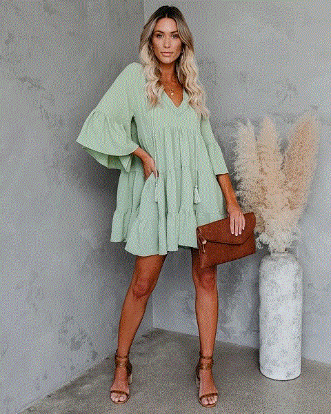 2021 High quality Summer Women Elegant Midi Sleeve Ruffle Vintage Dress Sweet V Neck Party Clothes Robe Femme dress