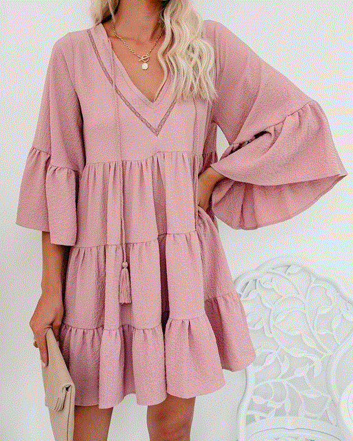 2021 High quality Summer Women Elegant Midi Sleeve Ruffle Vintage Dress Sweet V Neck Party Clothes Robe Femme dress