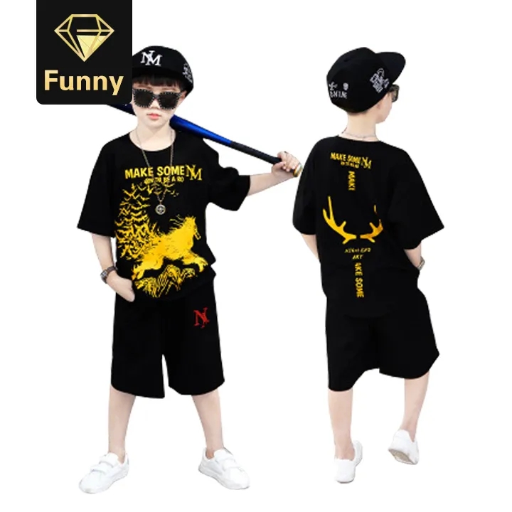 Boy Clothing Sets Short Sleeve T-shirts Cartoon Deer Pattern Shorts Pants Handsome Mid Big Boy Suits