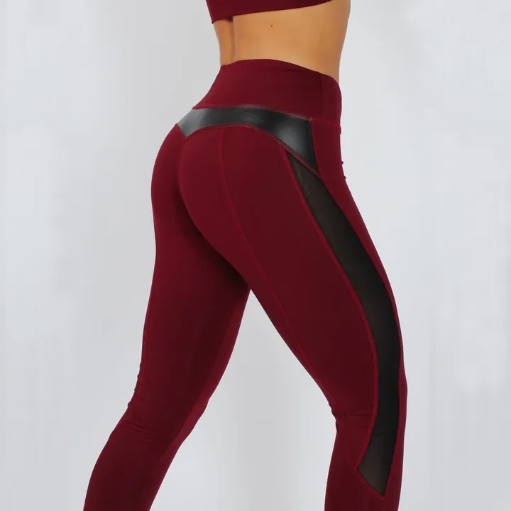 High Waist Fitness Leggings Women for Legging Workout Women Mesh And PU Leather Patchwork Legging