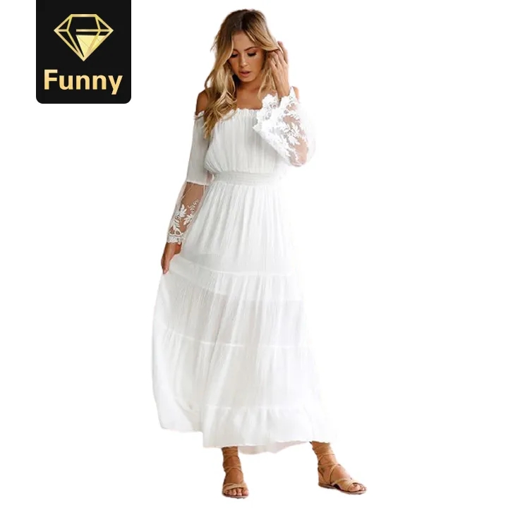 Fashion Women Off Shoulder Long Dress Ladies Elegant Flare Sleeve Boho Lace Party Beach Dress