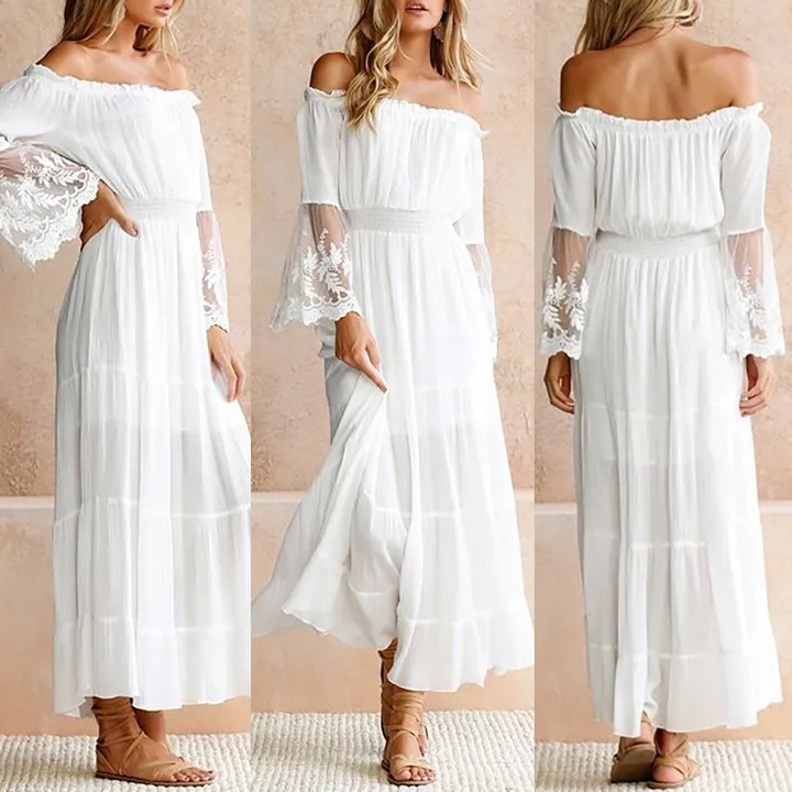 Fashion Women Off Shoulder Long Dress Ladies Elegant Flare Sleeve Boho Lace Party Beach Dress
