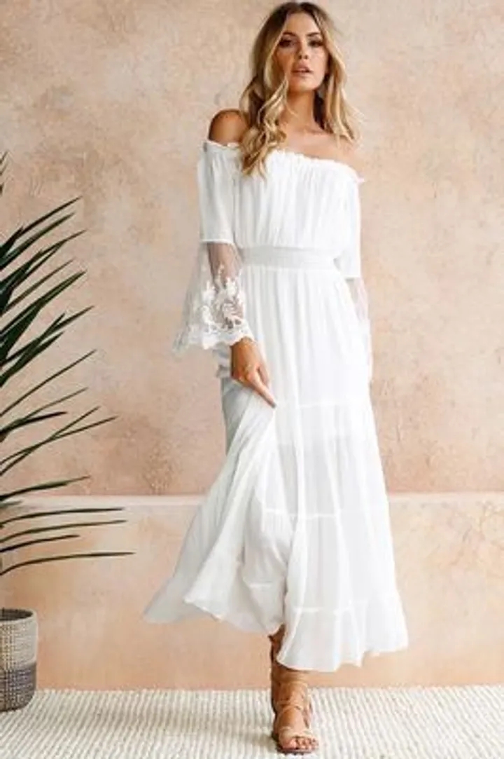 Fashion Women Off Shoulder Long Dress Ladies Elegant Flare Sleeve Boho Lace Party Beach Dress
