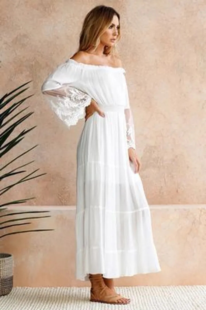 Fashion Women Off Shoulder Long Dress Ladies Elegant Flare Sleeve Boho Lace Party Beach Dress