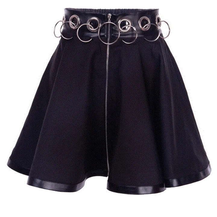 A-line Gothic Skirt Summer Sexy Hoop Hollow Out Skirts Black Iron Ring Female Mini Short Skirt