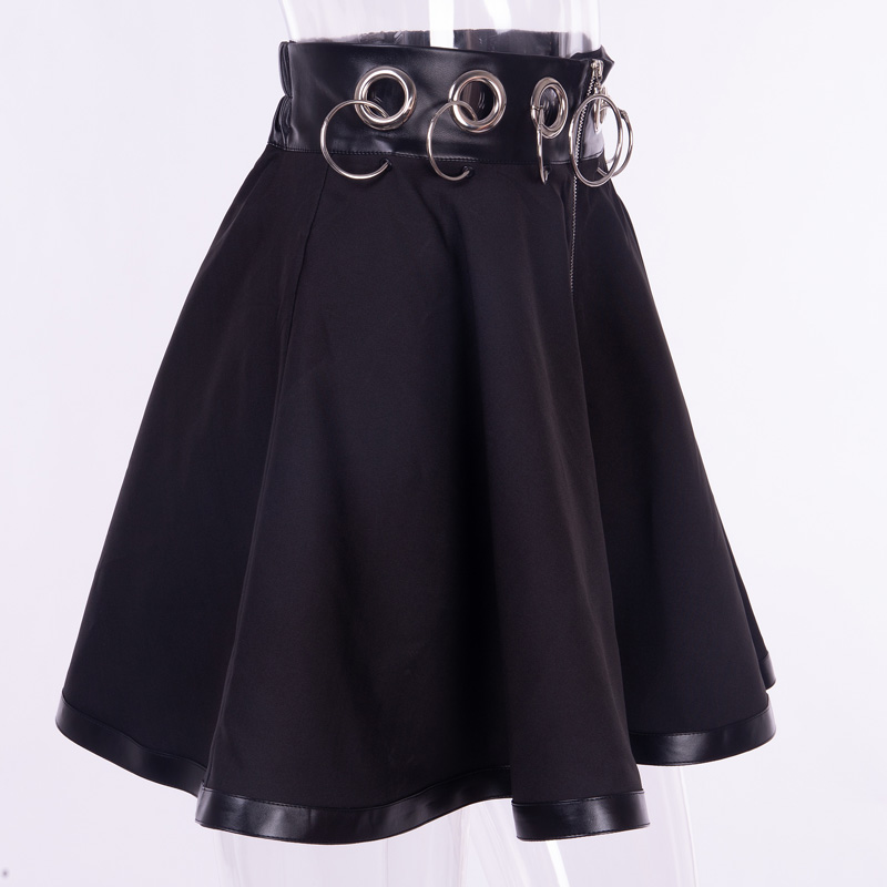 A-line Gothic Skirt Summer Sexy Hoop Hollow Out Skirts Black Iron Ring Female Mini Short Skirt